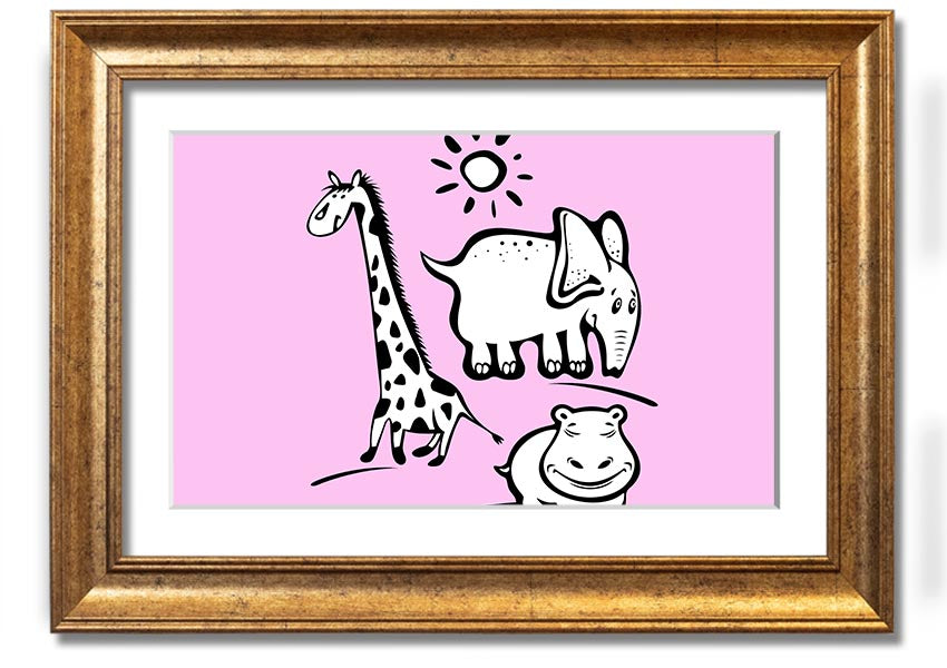 A vibrant framed print titled 'Animals Under The Sun Pink', showcasing colorful animals under a bright sun, ready to hang.