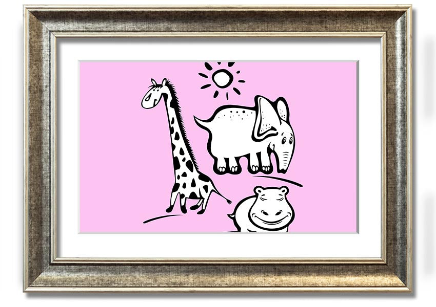 A vibrant framed print titled 'Animals Under The Sun Pink', showcasing colorful animals under a bright sun, ready to hang.