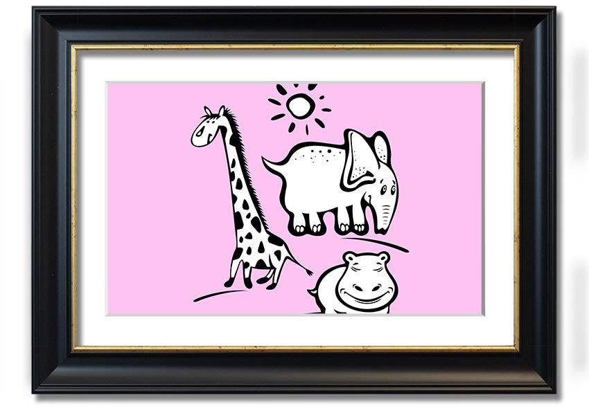 A vibrant framed print titled 'Animals Under The Sun Pink', showcasing colorful animals under a bright sun, ready to hang.