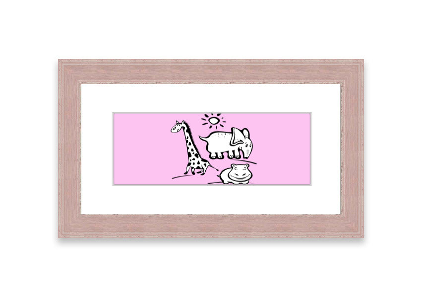 Framed print of Animals Under The Sun in pink, showcasing vibrant wildlife art, ready to hang.