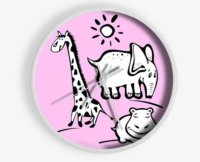 Animals Under The Sun Pink clock made from natural bamboo with a round face and clear Plexiglas lens, available in multiple colors.