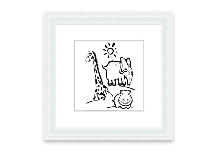 Framed print of Animals Under The Sun White, showcasing wildlife art in a stylish frame, ready to hang.