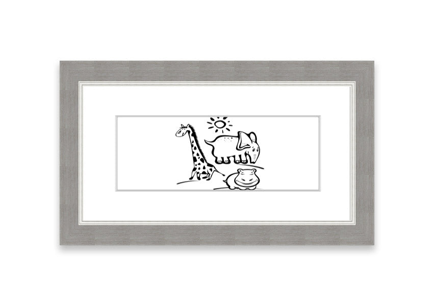 Framed print of Animals Under The Sun White, showcasing wildlife art in a stylish frame, ready to hang.