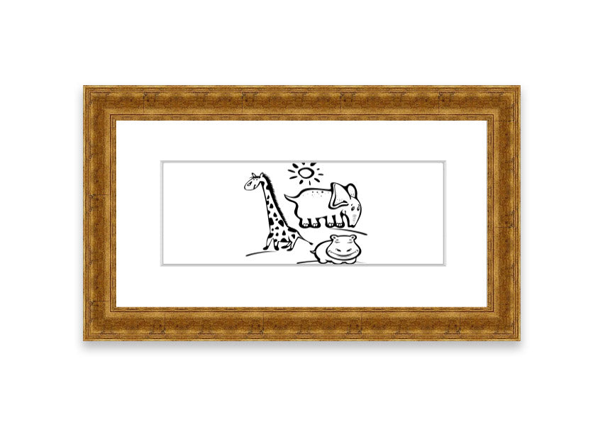 Framed print of Animals Under The Sun White, showcasing wildlife art in a stylish frame, ready to hang.