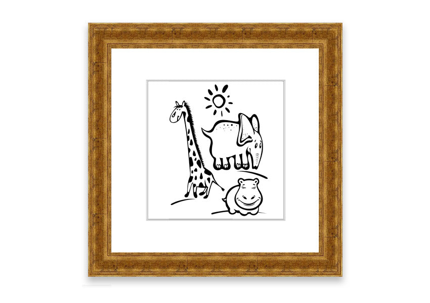 Framed print of Animals Under The Sun White, showcasing wildlife art in a stylish frame, ready to hang.