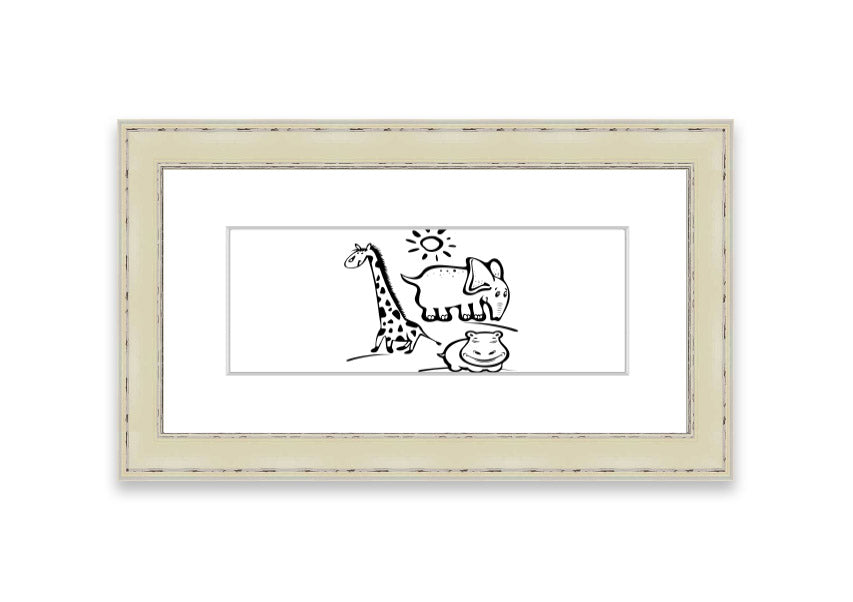 Framed print of Animals Under The Sun White, showcasing wildlife art in a stylish frame, ready to hang.