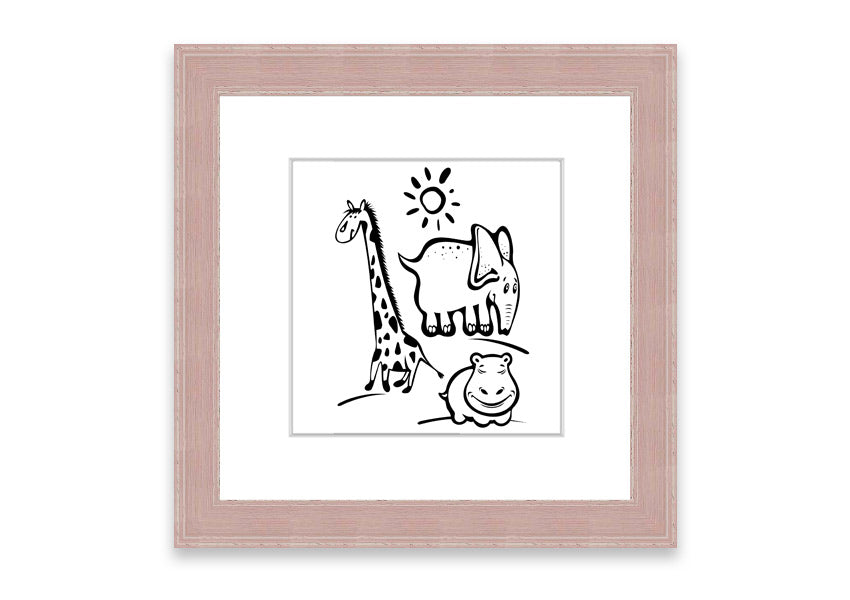 Framed print of Animals Under The Sun White, showcasing wildlife art in a stylish frame, ready to hang.