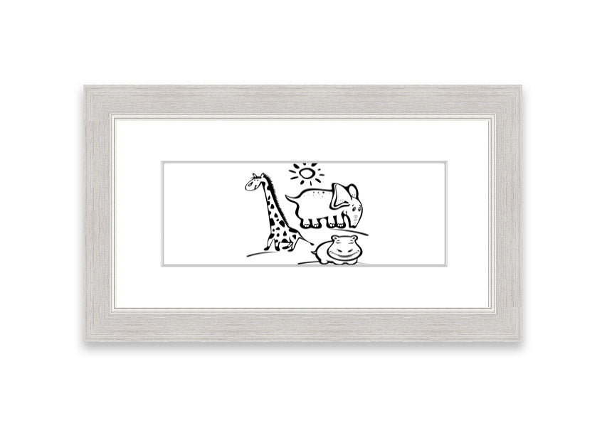 Framed print of Animals Under The Sun White, showcasing wildlife art in a stylish frame, ready to hang.