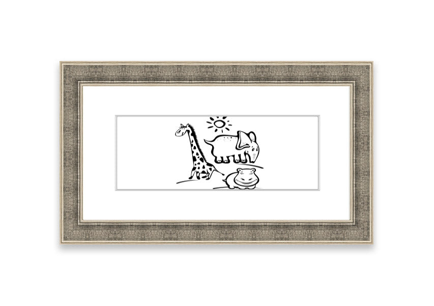 Framed print of Animals Under The Sun White, showcasing wildlife art in a stylish frame, ready to hang.