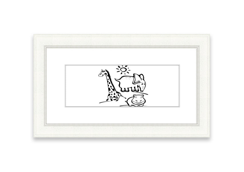 Framed print of Animals Under The Sun White, showcasing wildlife art in a stylish frame, ready to hang.