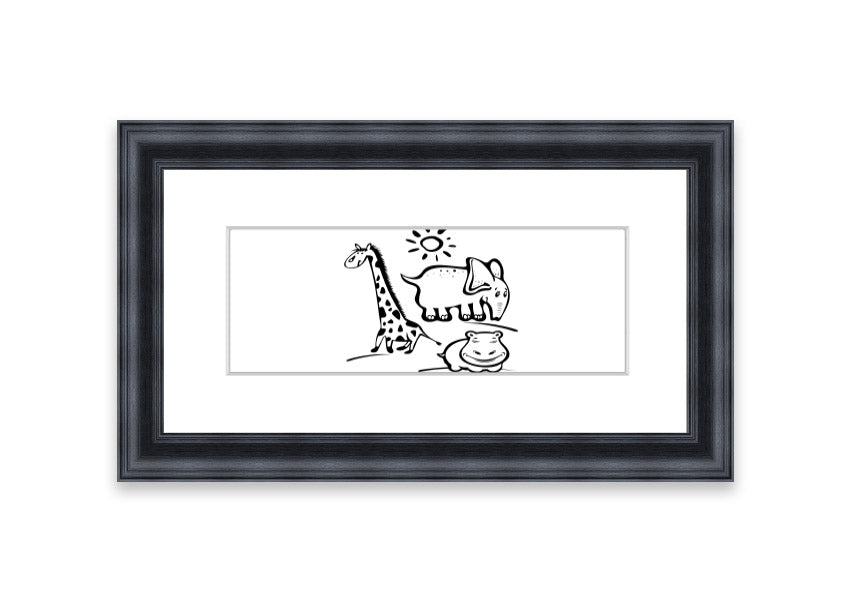 Framed print of Animals Under The Sun White, showcasing wildlife art in a stylish frame, ready to hang.