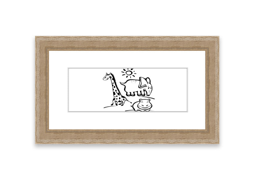 Framed print of Animals Under The Sun White, showcasing wildlife art in a stylish frame, ready to hang.