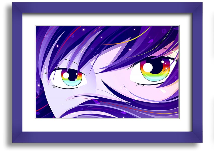 A vibrant framed print of Anime Rainbow Eyes, showcasing colorful and captivating artwork, ready to hang.