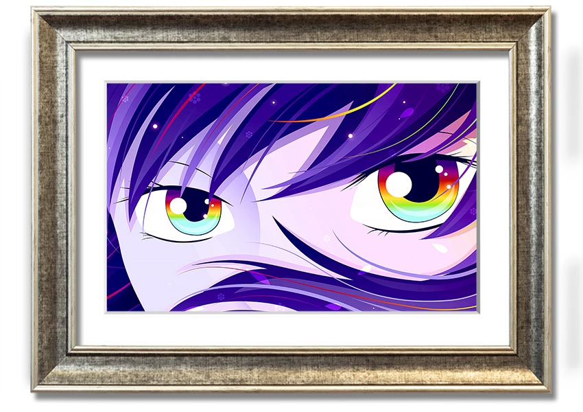 A vibrant framed print of Anime Rainbow Eyes, showcasing colorful and captivating artwork, ready to hang.