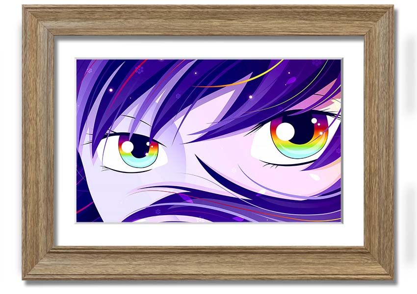 A vibrant framed print of Anime Rainbow Eyes, showcasing colorful and captivating artwork, ready to hang.