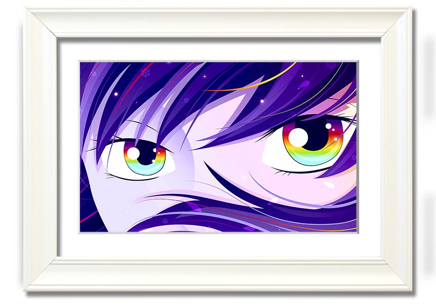 A vibrant framed print of Anime Rainbow Eyes, showcasing colorful and captivating artwork, ready to hang.