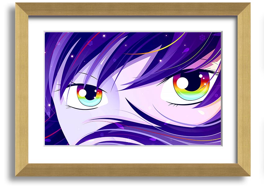 A vibrant framed print of Anime Rainbow Eyes, showcasing colorful and captivating artwork, ready to hang.