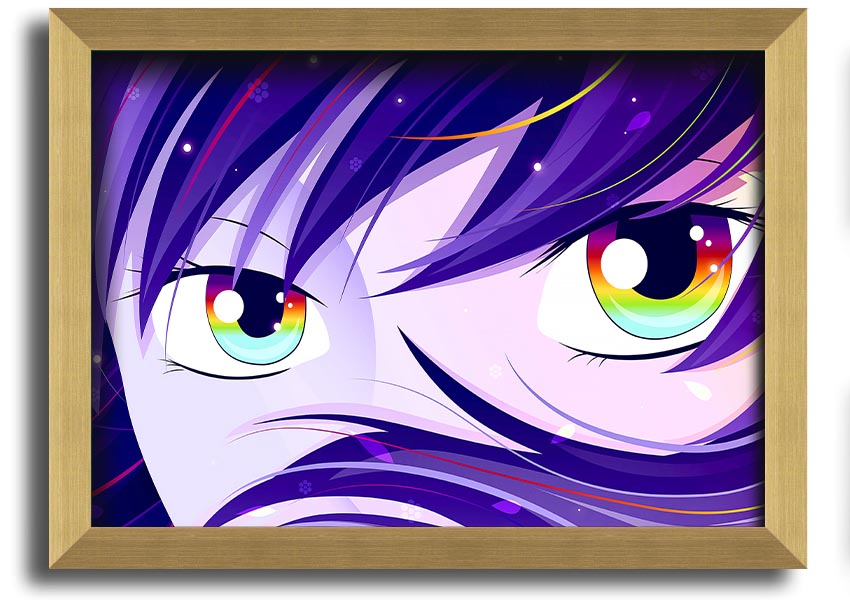 A vibrant framed print of Anime Rainbow Eyes, showcasing colorful and captivating artwork, ready to hang.