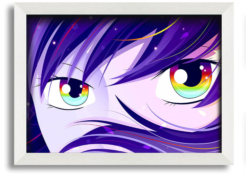 A vibrant framed print of Anime Rainbow Eyes, showcasing colorful and captivating artwork, ready to hang.