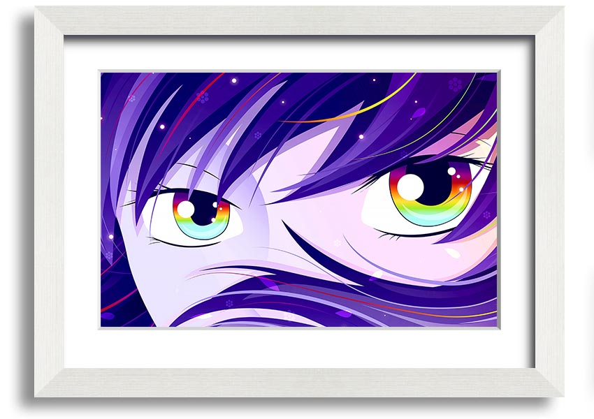 A vibrant framed print of Anime Rainbow Eyes, showcasing colorful and captivating artwork, ready to hang.