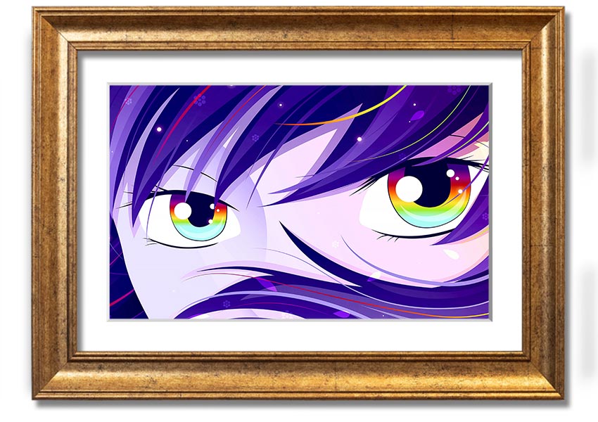 A vibrant framed print of Anime Rainbow Eyes, showcasing colorful and captivating artwork, ready to hang.