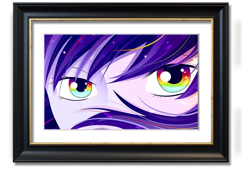 A vibrant framed print of Anime Rainbow Eyes, showcasing colorful and captivating artwork, ready to hang.