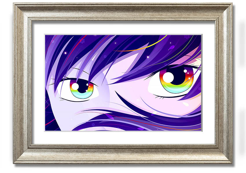 A vibrant framed print of Anime Rainbow Eyes, showcasing colorful and captivating artwork, ready to hang.