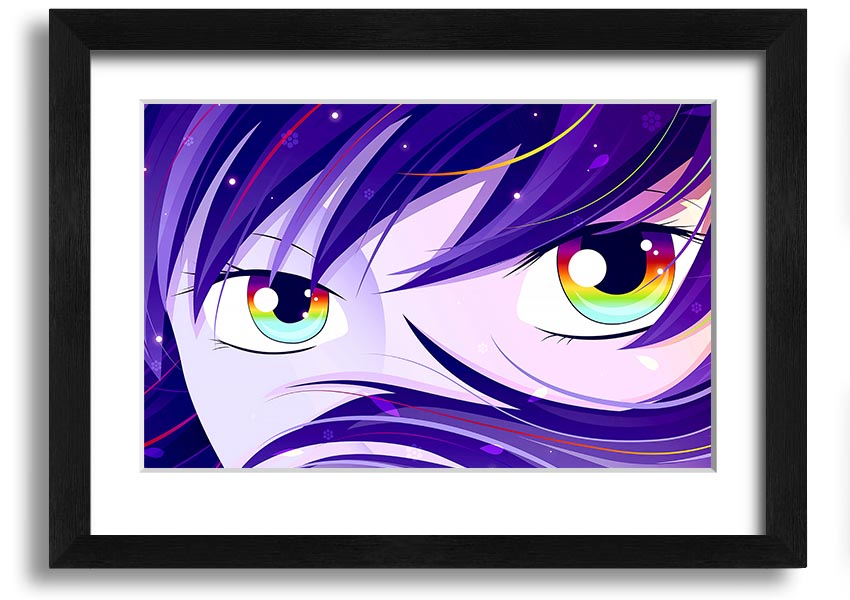 A vibrant framed print of Anime Rainbow Eyes, showcasing colorful and captivating artwork, ready to hang.