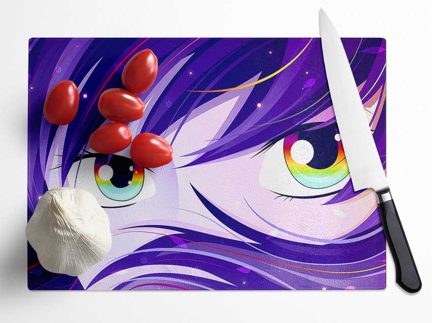 Anime Rainbow Eyes chopping board made of tempered glass with vibrant colors and anti-slip base.