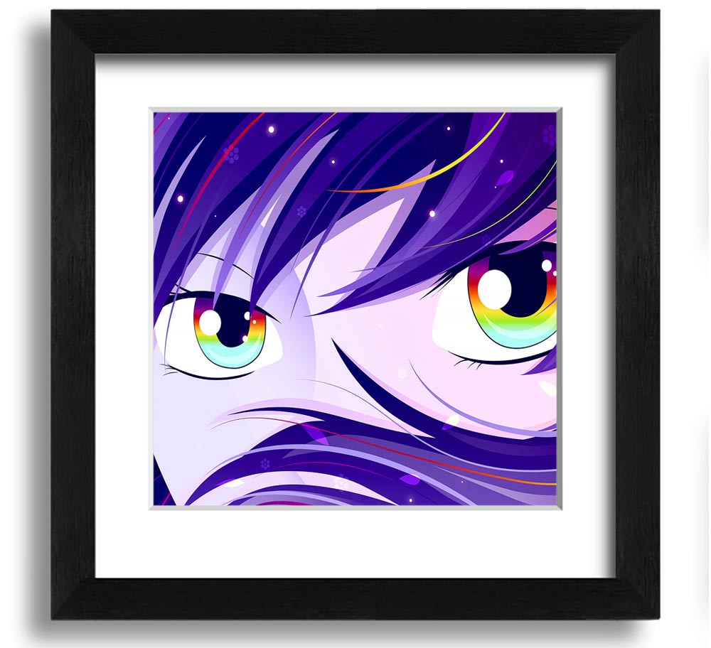 Anime Rainbow Eyes Square Framed Print showcasing vibrant colors and intricate design, framed in a stylish border.