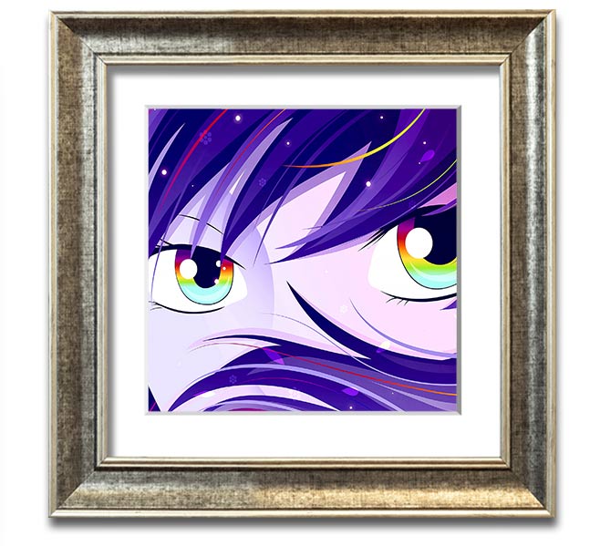 Anime Rainbow Eyes Square Framed Print showcasing vibrant colors and intricate design, framed in a stylish border.