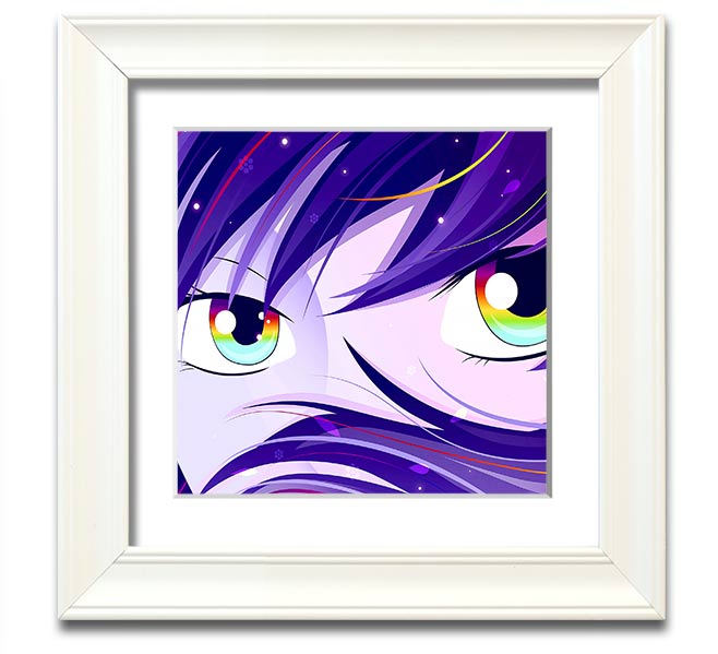 Anime Rainbow Eyes Square Framed Print showcasing vibrant colors and intricate design, framed in a stylish border.