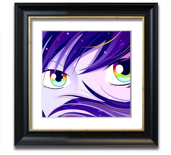 Anime Rainbow Eyes Square Framed Print showcasing vibrant colors and intricate design, framed in a stylish border.