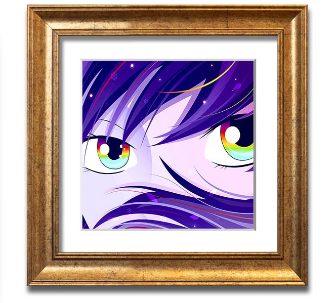 Anime Rainbow Eyes Square Framed Print showcasing vibrant colors and intricate design, framed in a stylish border.