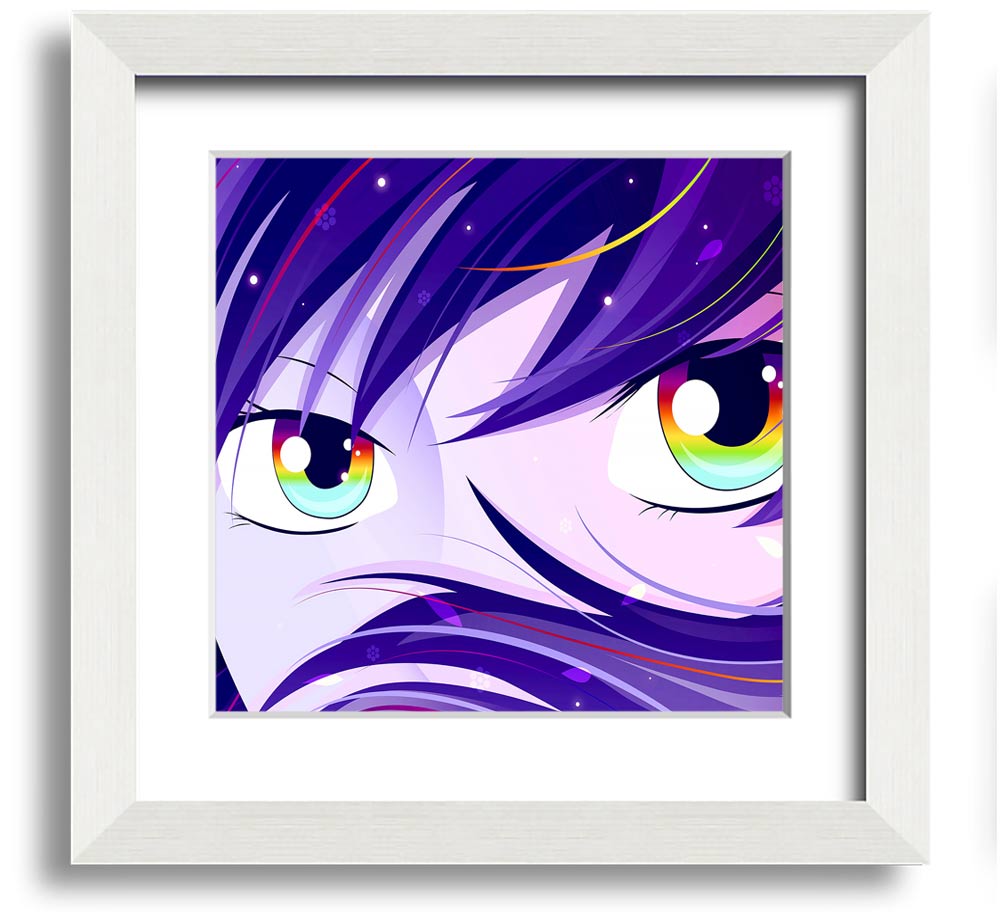 Anime Rainbow Eyes Square Framed Print showcasing vibrant colors and intricate design, framed in a stylish border.