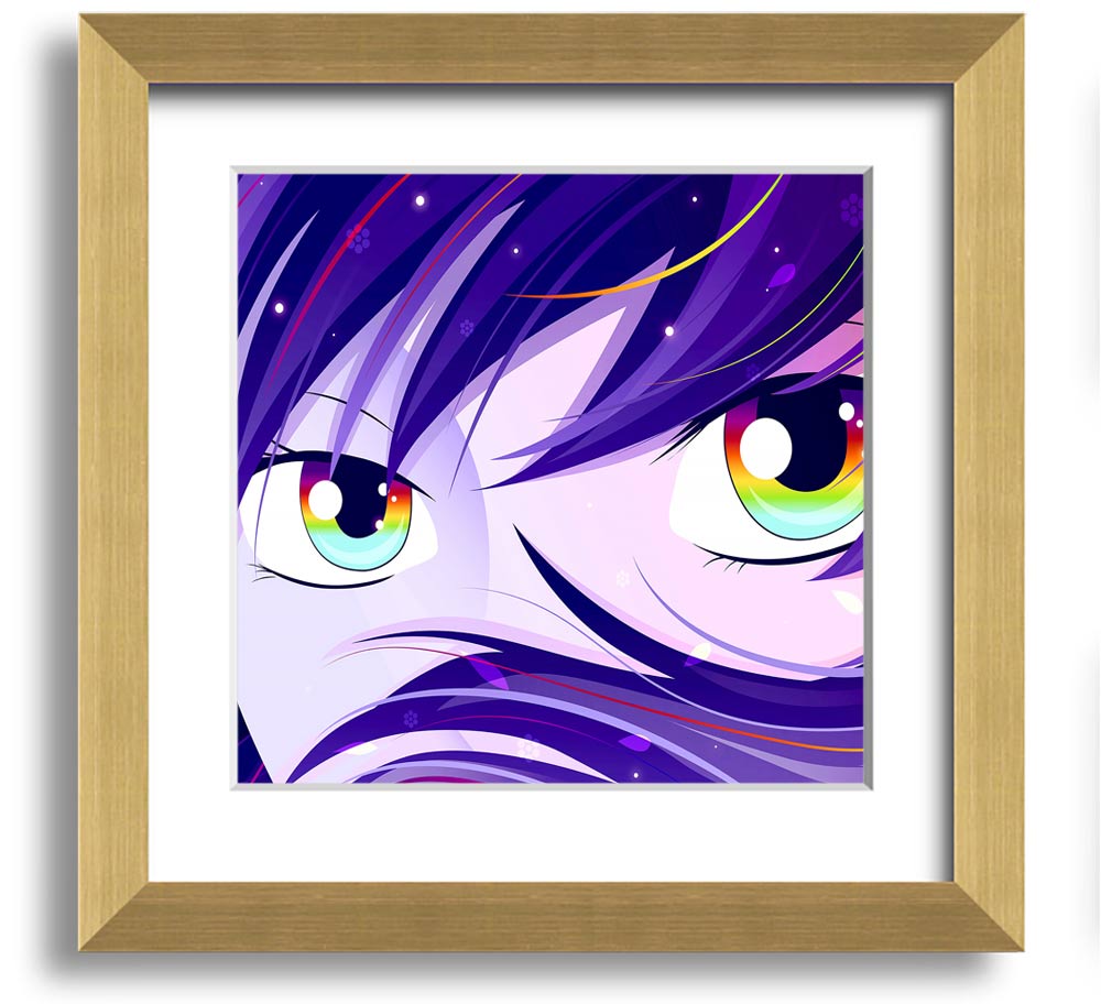 Anime Rainbow Eyes Square Framed Print showcasing vibrant colors and intricate design, framed in a stylish border.