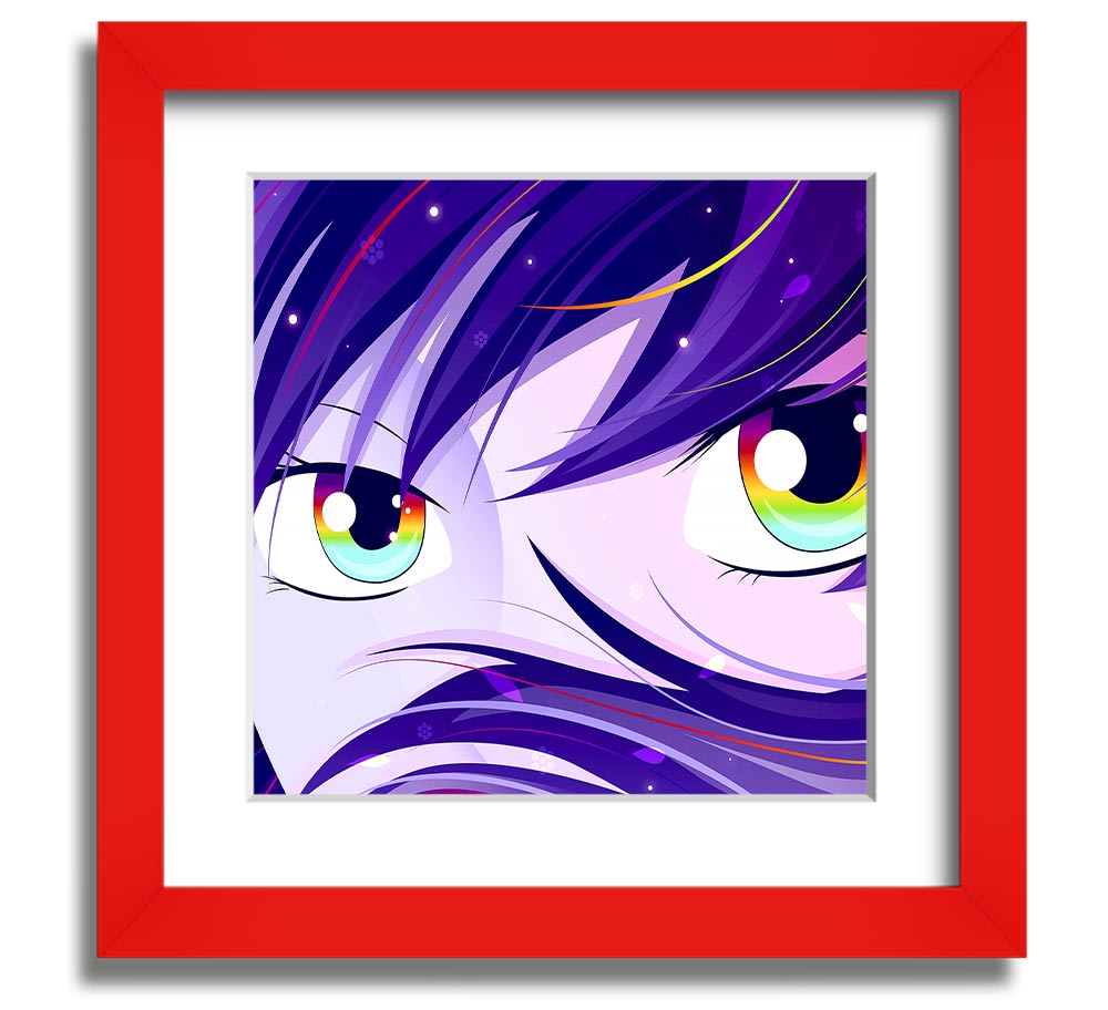 Anime Rainbow Eyes Square Framed Print showcasing vibrant colors and intricate design, framed in a stylish border.