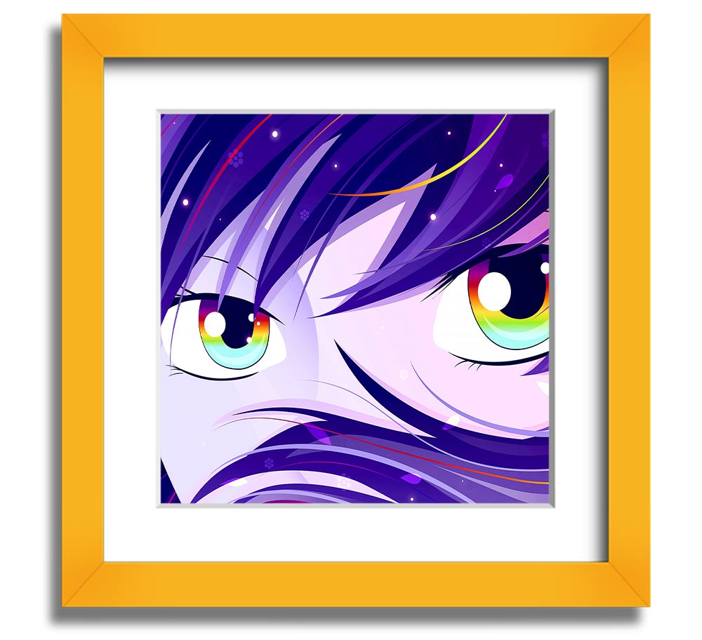 Anime Rainbow Eyes Square Framed Print showcasing vibrant colors and intricate design, framed in a stylish border.