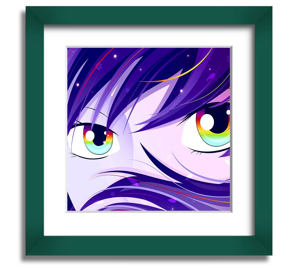 Anime Rainbow Eyes Square Framed Print showcasing vibrant colors and intricate design, framed in a stylish border.