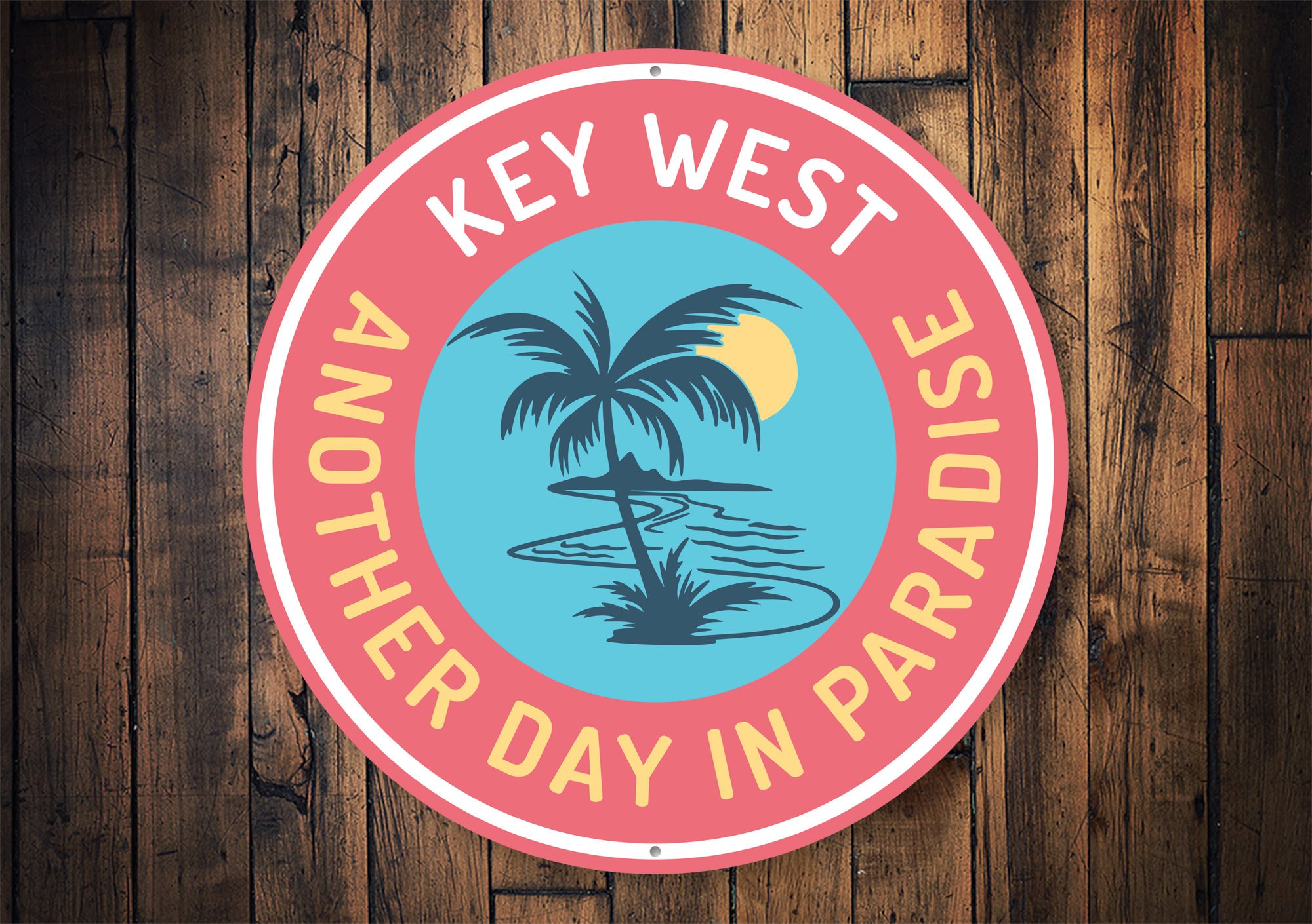 Another Day in Paradise Key West Sign made of durable aluminum, featuring vibrant colors and customizable text, perfect for beach-themed decor.