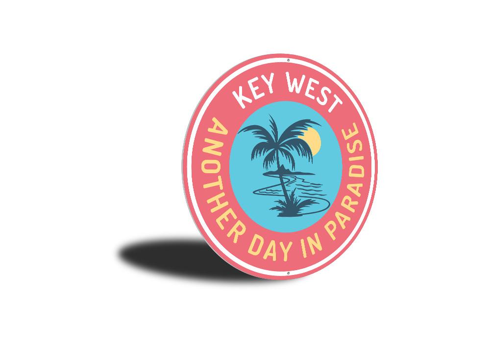 Another Day in Paradise Key West Sign made of durable aluminum, featuring vibrant colors and customizable text, perfect for beach-themed decor.