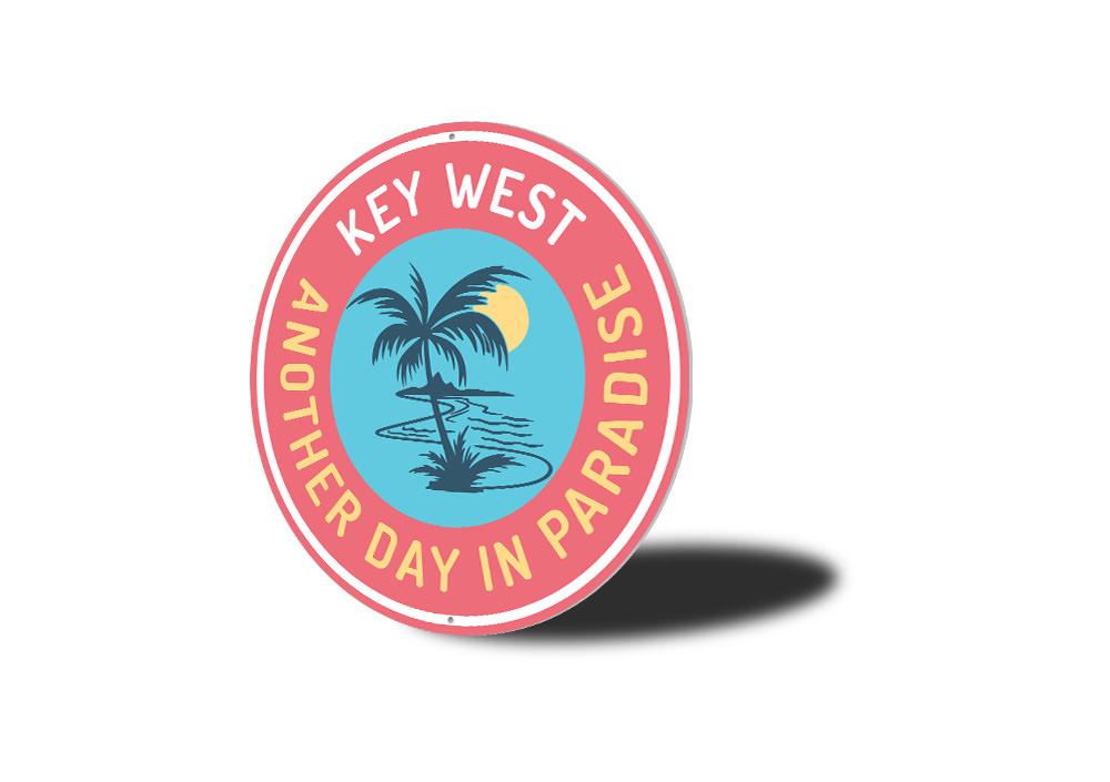 Another Day in Paradise Key West Sign made of durable aluminum, featuring vibrant colors and customizable text, perfect for beach-themed decor.