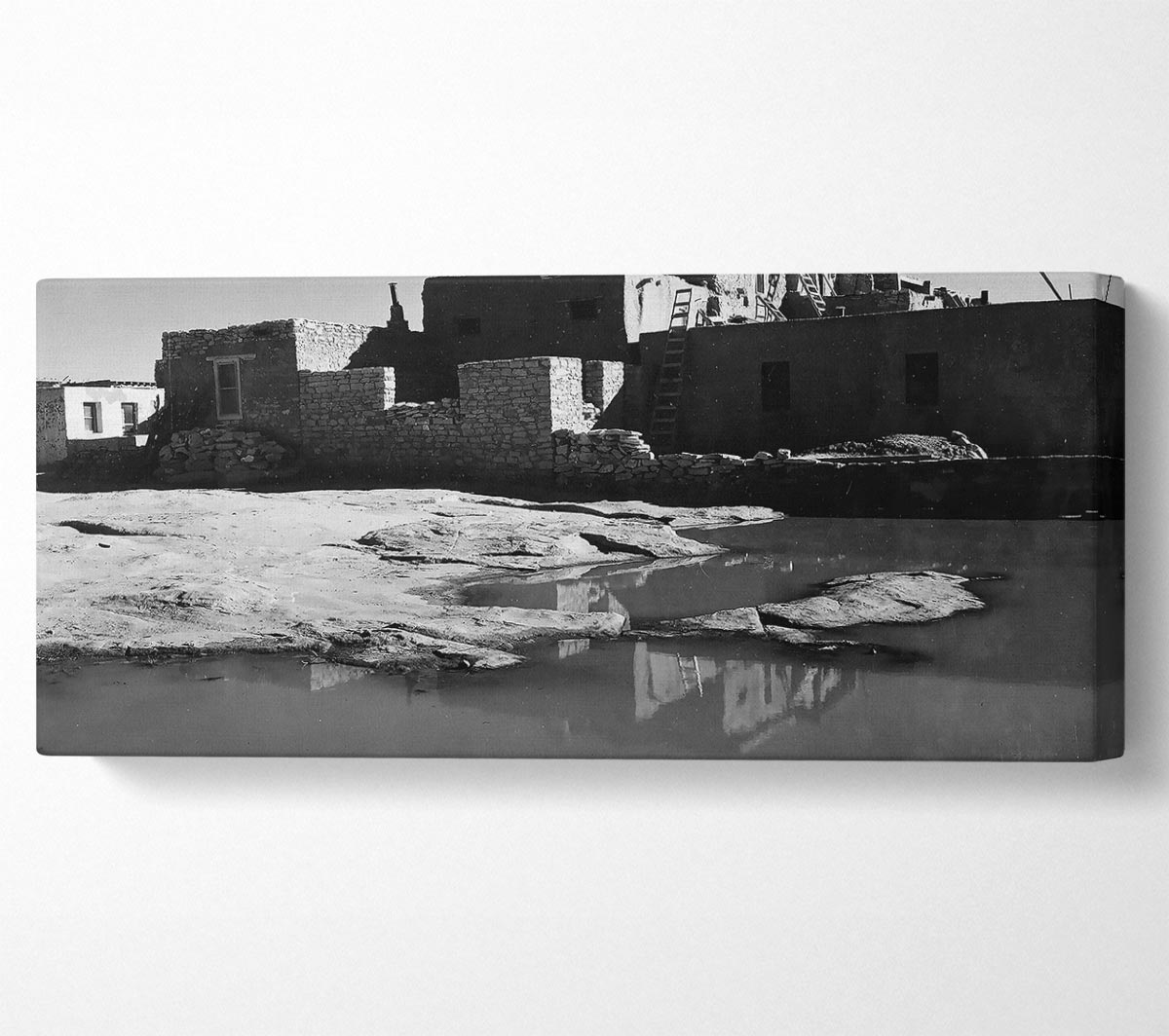 Ansel Adams Acoma Pueblo 3 canvas art mounted on a 44mm box frame, showcasing a historic Native American village.