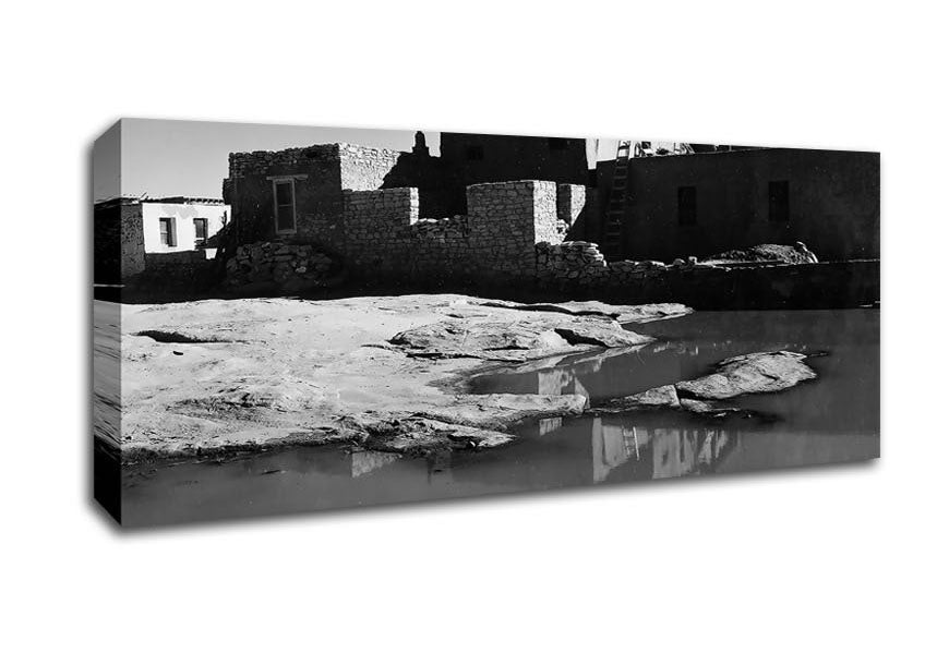 Ansel Adams Acoma Pueblo 3 canvas art mounted on a 44mm box frame, showcasing a historic Native American village.