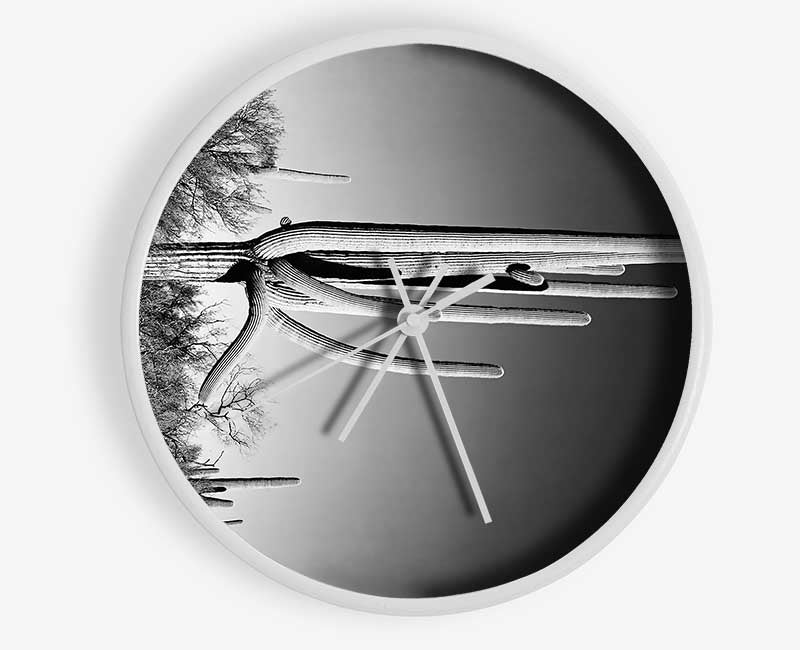 Ansel Adams Cactus clock featuring a round bamboo design with a clear Plexiglas lens, showcasing a beautiful cactus landscape.