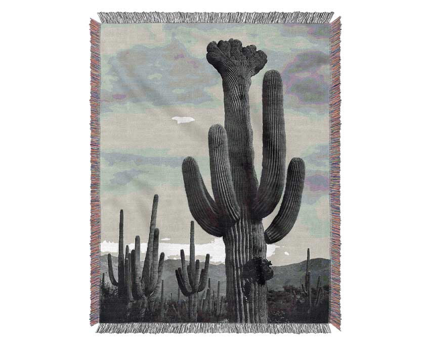 Ansel Adams-inspired throw blanket featuring a black and white cactus design, made from 100% cotton with a luxurious finish.