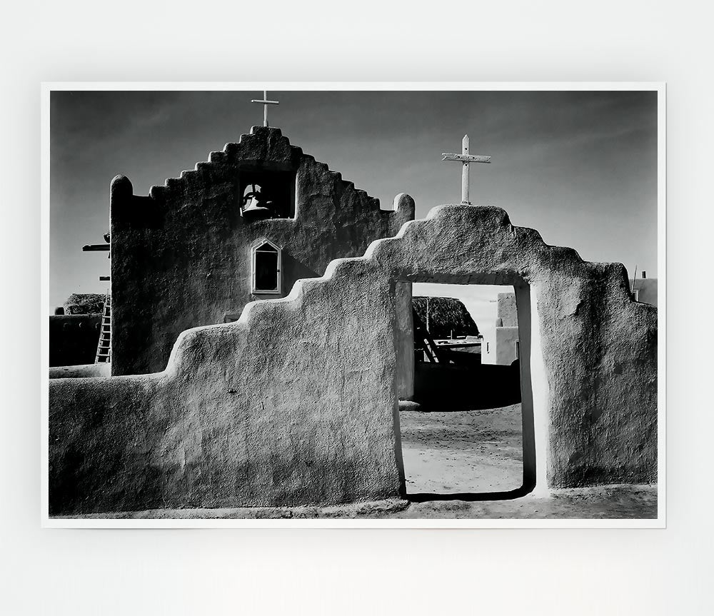 Ansel Adams' Church in Taos Pueblo, New Mexico, printed on high-quality canvas, showcasing intricate details and stunning landscape.