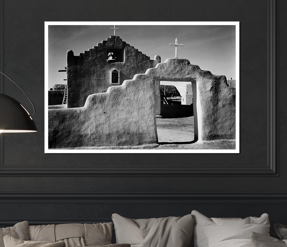 Ansel Adams' Church in Taos Pueblo, New Mexico, printed on high-quality canvas, showcasing intricate details and stunning landscape.