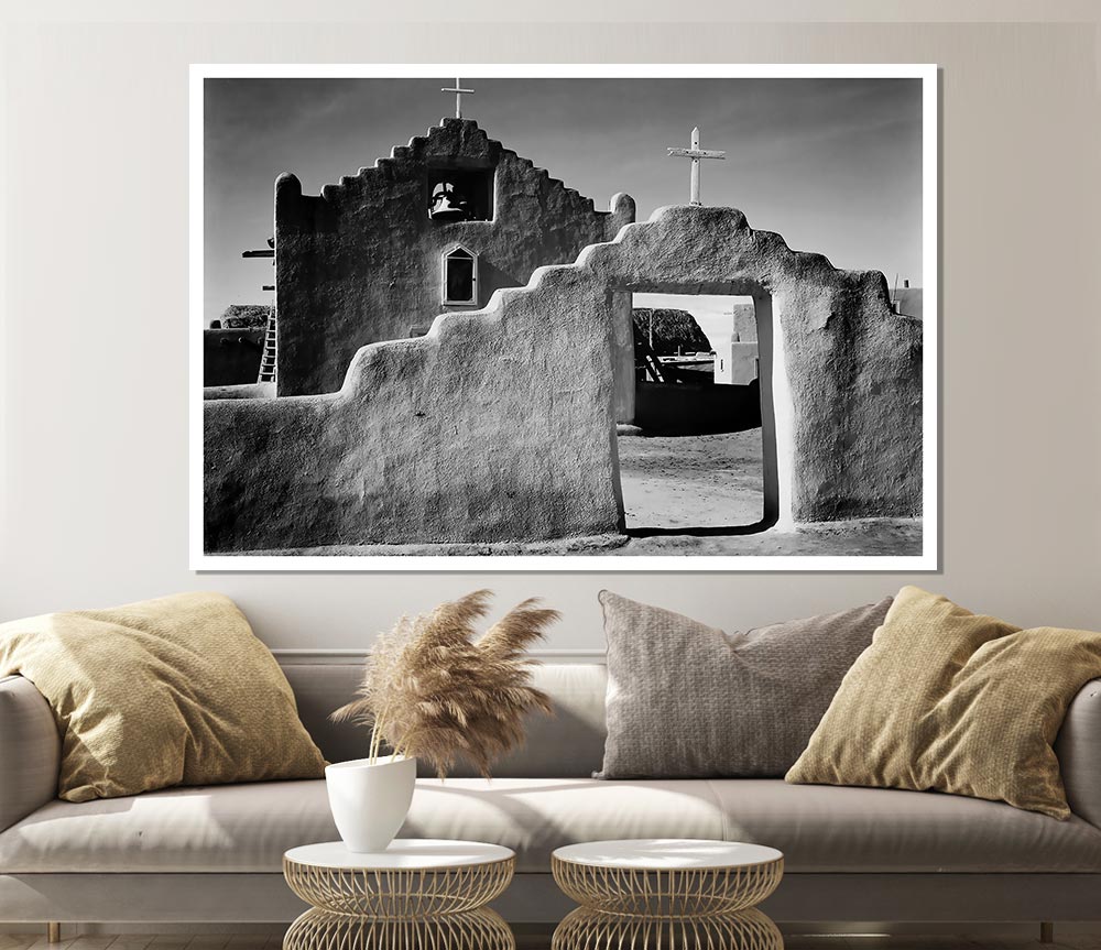 Ansel Adams' Church in Taos Pueblo, New Mexico, printed on high-quality canvas, showcasing intricate details and stunning landscape.