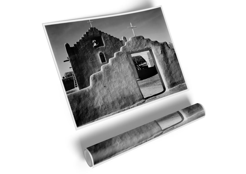 Ansel Adams' Church in Taos Pueblo, New Mexico, printed on high-quality canvas, showcasing intricate details and stunning landscape.